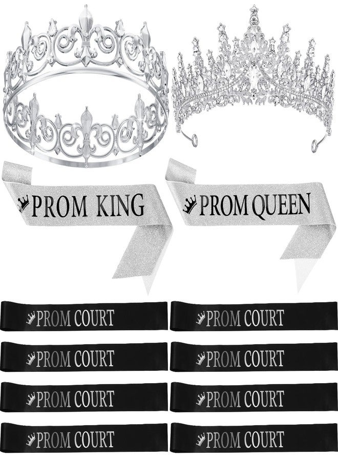 Saintrygo 12 Pcs Prom Crown and Sash Set, Prom King and Queen Tiara Rhinestone Crown Glitter Court Royal Satin Sash for 2025 Graduation Ball Dance Night Party Birthday Accessory(Silver,Classic) - Image 1